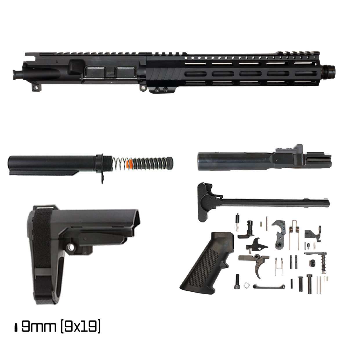 Davidson Defense Aegis Lightweight w/SBA3 Brace 11-inch 1:10 9MM AR-9 Freefloat M-Lok Handguard Pistol Full Build Kit, Plan B Universal Muzzle Device