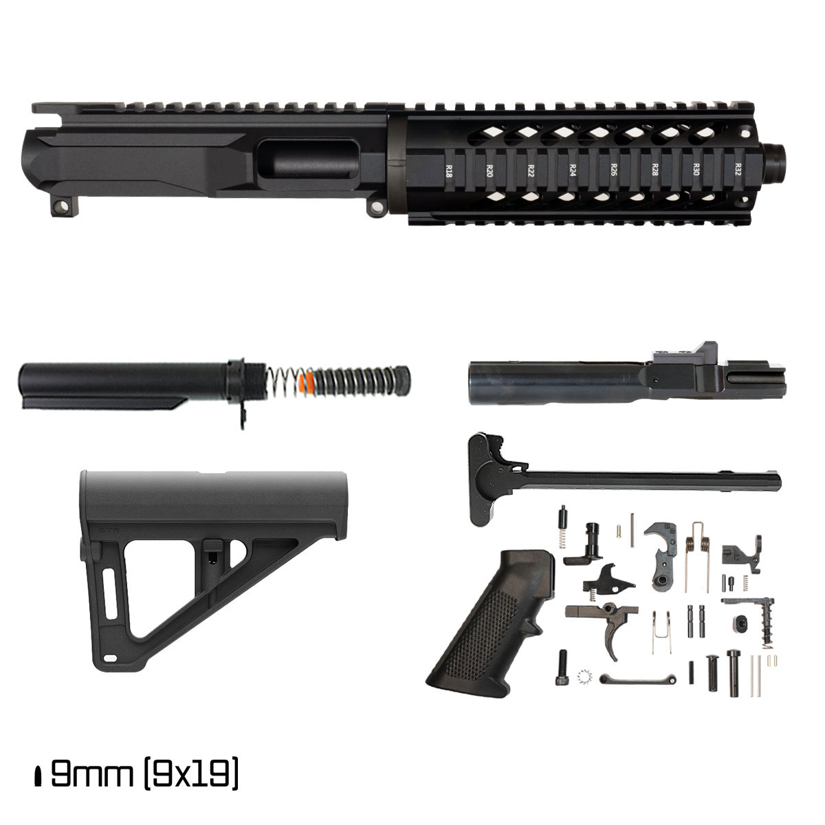 Davidson Defense Treat Yo'self w/Magpul BTR Brace 7.5-inch 1:10 9MM AR-9 Freefloat Quad-Rail Handguard Pistol Full Build Kit, Plan B Universal Muzzle Device