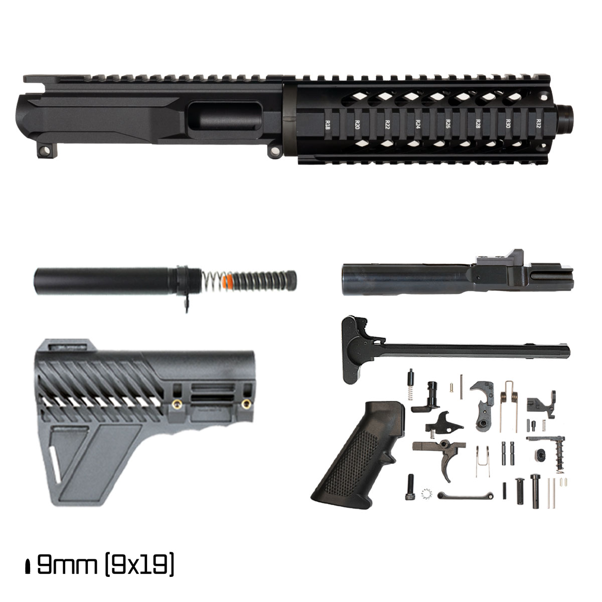 Davidson Defense Treat Yo'self w/Gauntlet Arms Brace 7.5-inch 1:10 9MM AR-9 Freefloat Quad-Rail Handguard Pistol Full Build Kit, Plan B Universal Muzzle Device