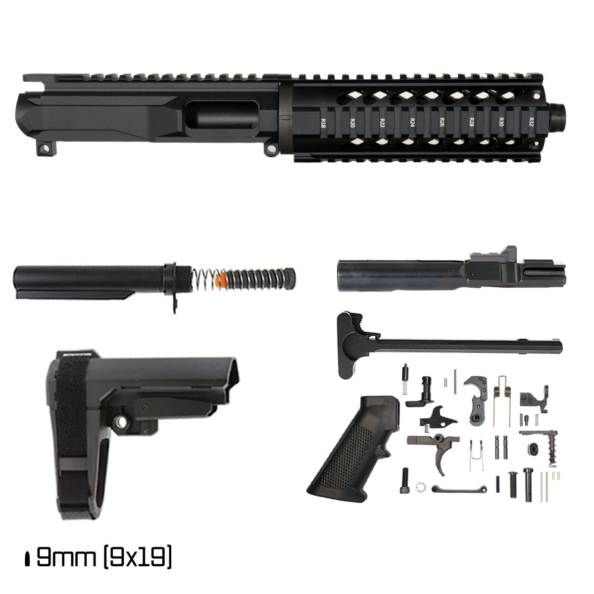 Davidson Defense Treat Yo'self w/SBA3 Brace 7.5-inch 1:10 9MM AR-9 Freefloat Quad-Rail Handguard Pistol Full Build Kit, Plan B Universal Muzzle Device