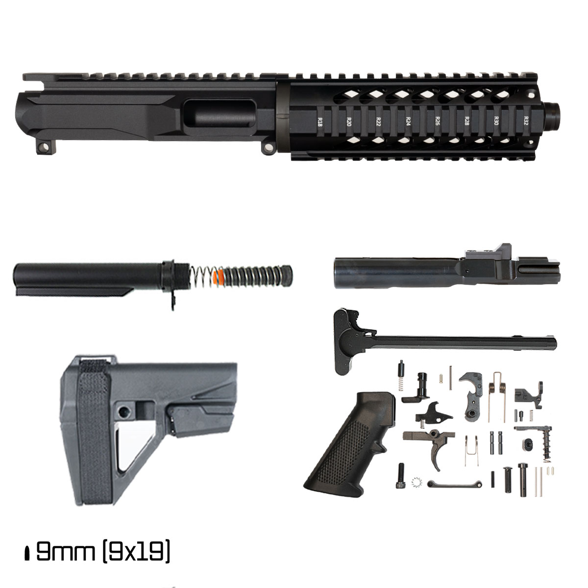 Davidson Defense Treat Yo'self w/SBA5 Brace 7.5-inch 1:10 9MM AR-9 Freefloat Quad-Rail Handguard Pistol Full Build Kit, Plan B Universal Muzzle Device
