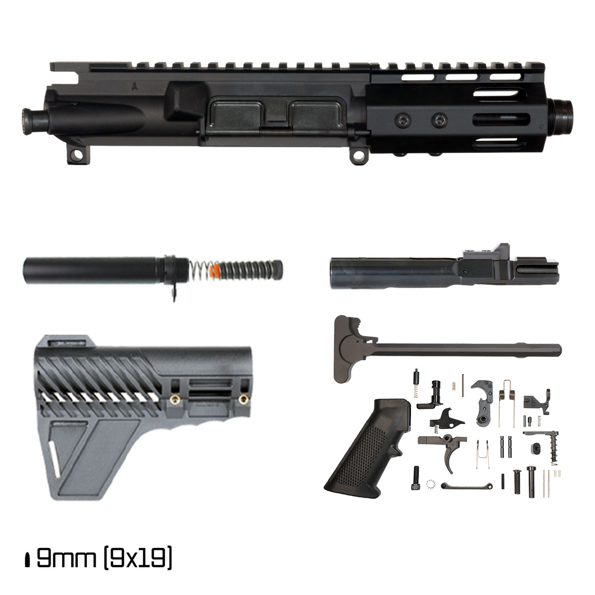 Davidson Defense Aegis w/Gauntlet Arms Brace 4.5-inch 1:10 9MM AR-9 Freefloat M-Lok Handguard Pistol Full Build Kit, Plan B Universal Muzzle Device