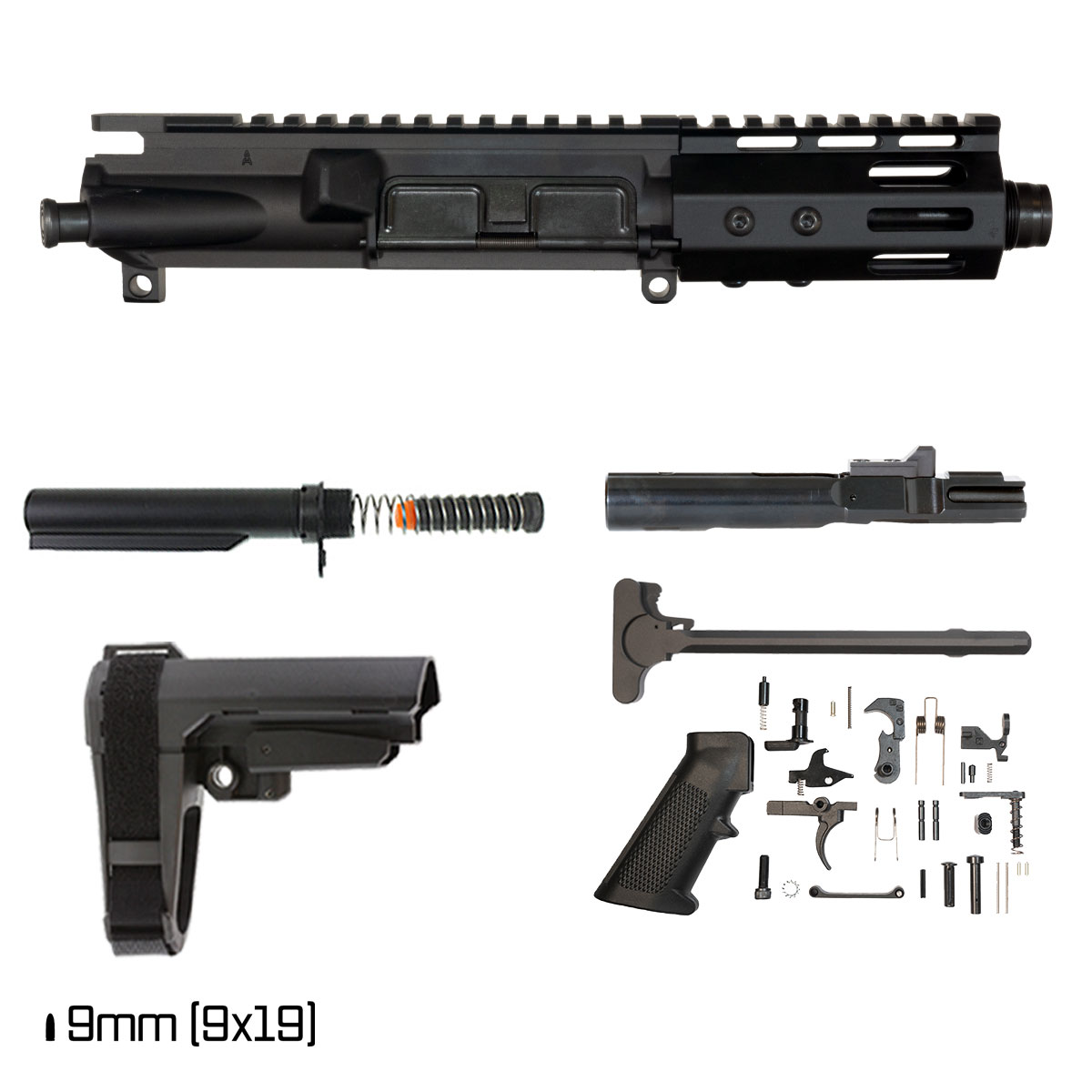 Davidson Defense Aegis w/SBA3 Brace 4.5-inch 1:10 9MM AR-9 Freefloat M-Lok Handguard Pistol Full Build Kit, Plan B Universal Muzzle Device