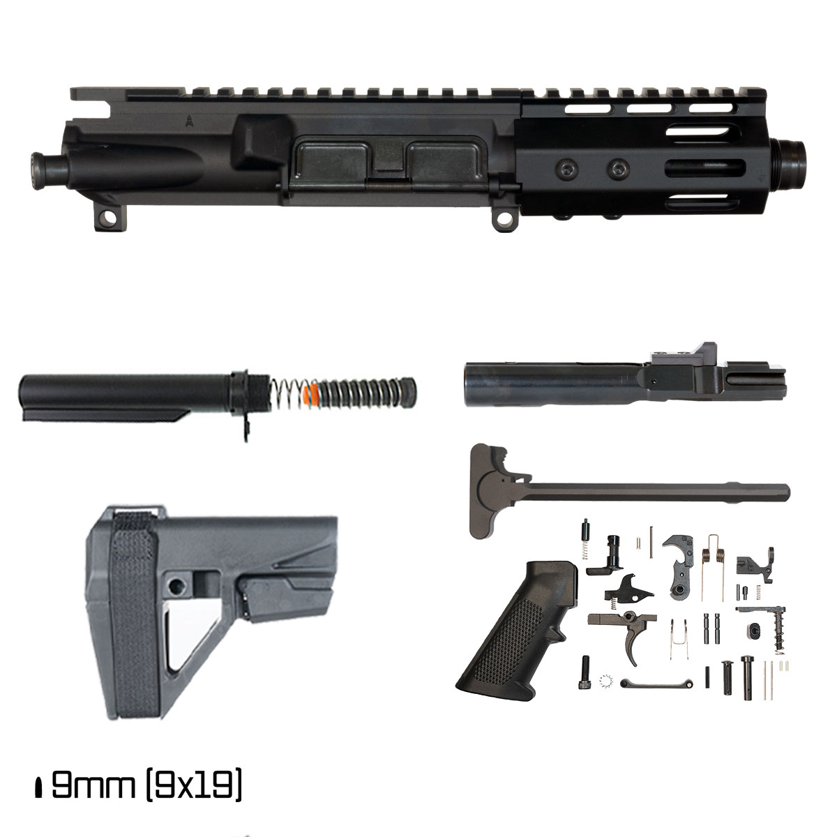 Davidson Defense Aegis w/SBA5 Brace 4.5-inch 1:10 9MM AR-9 Freefloat M-Lok Handguard Pistol Full Build Kit, Plan B Universal Muzzle Device