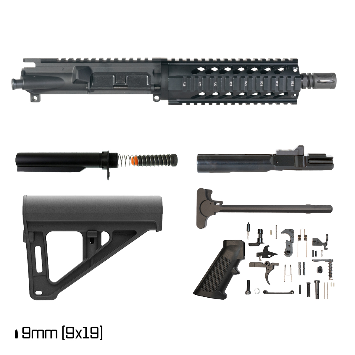 Davidson Defense Waypoint w/Magpul BTR Brace 8.3-inch 1:10 9MM AR-9 Freefloat Quad-Rail Handguard Pistol Full Build Kit