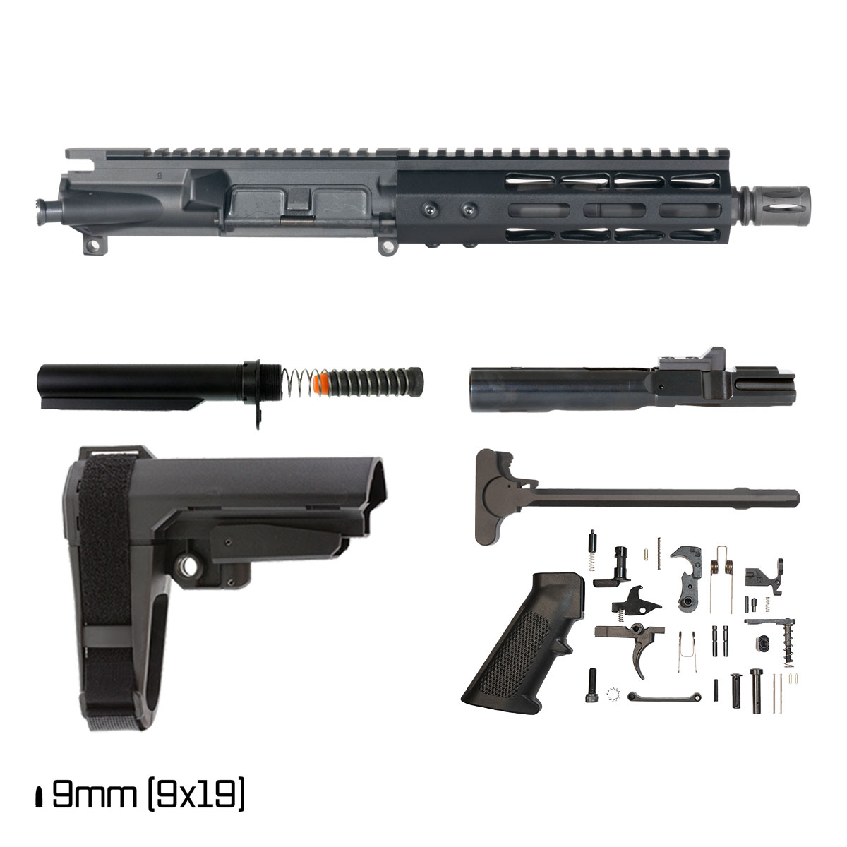Davidson Defense Hardedge w/SBA3 Brace 7.5-inch 1:10 9MM AR-9 Freefloat M-Lok Handguard Pistol Full Build Kit