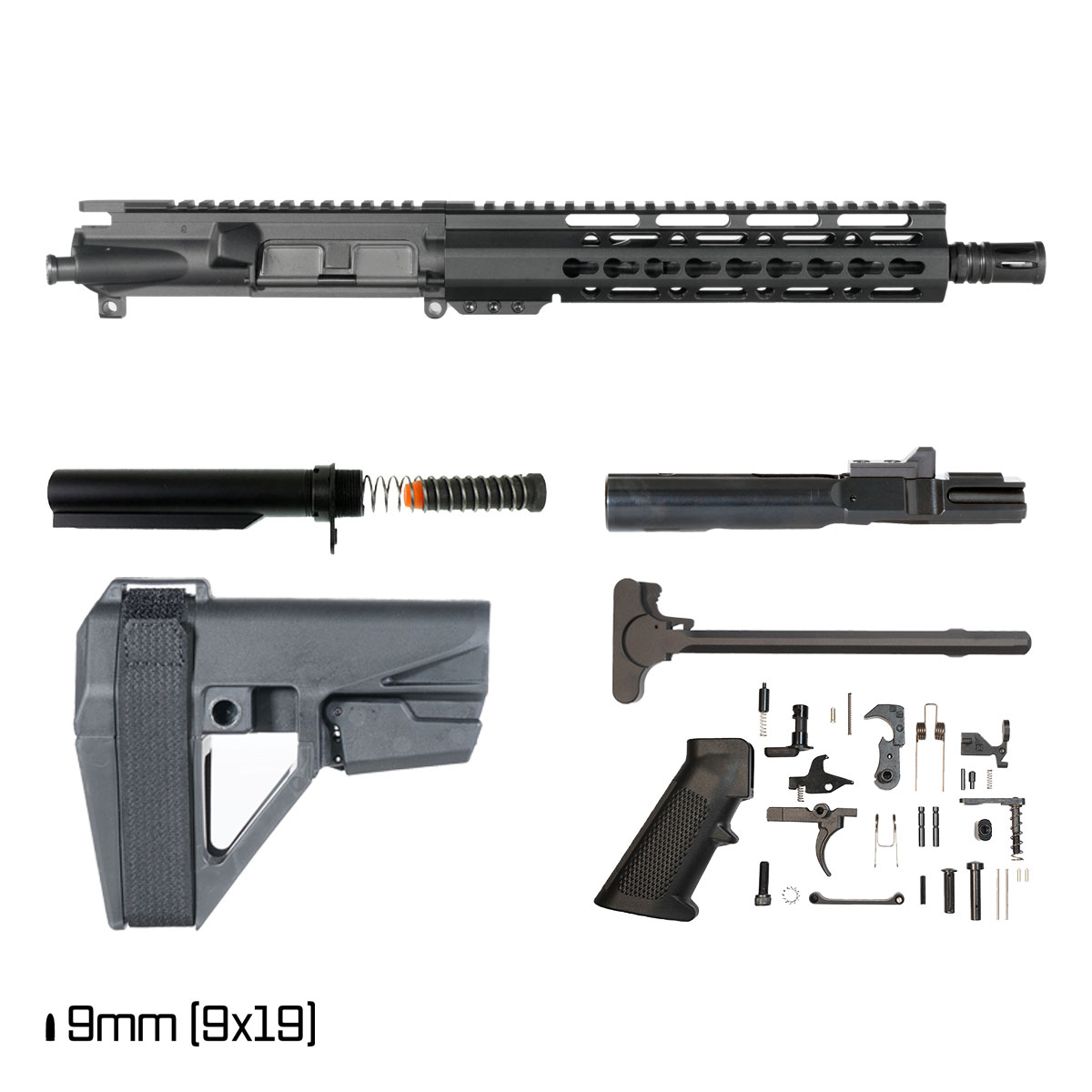 Davidson Defense Mutton Chops V2 w/SBA5 Brace 10.5-inch 1:10 9MM AR-15 Freefloat Keymod Handguard Pistol Full Build Kit