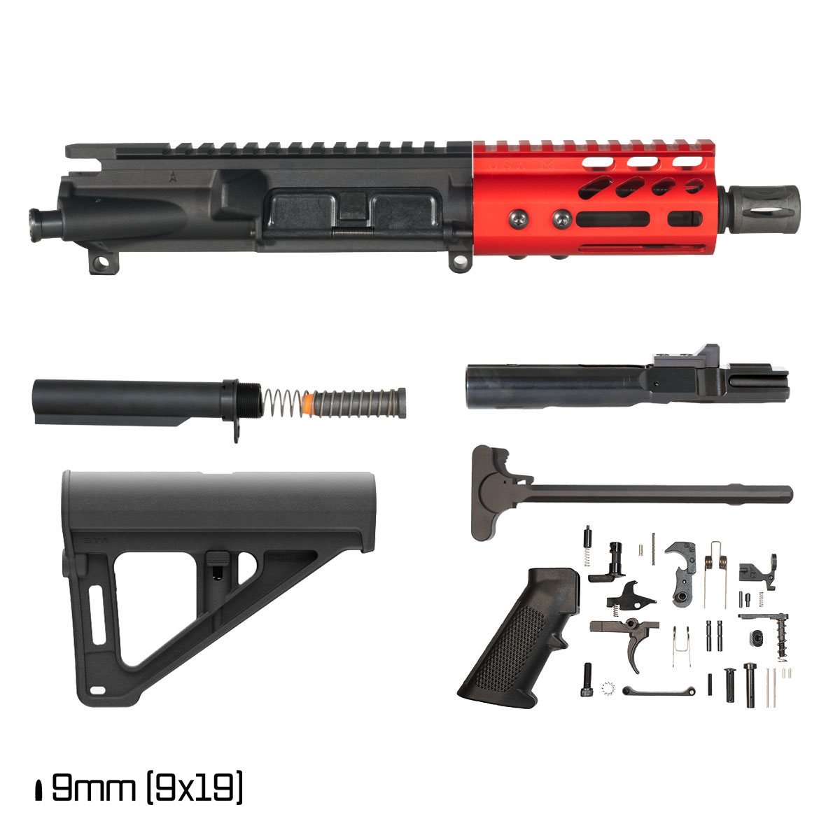 Davidson Defense Lightshow Anodized Red w/Magpul BTR Brace 5-inch 1:10 9MM AR-9 Freefloat M-Lok Handguard Pistol Full Build Kit