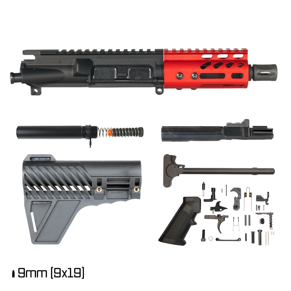 Davidson Defense Lightshow Anodized Red w/Gauntlet Arms Brace 5-inch 1:10 9MM AR-9 Freefloat M-Lok Handguard Pistol Full Build Kit