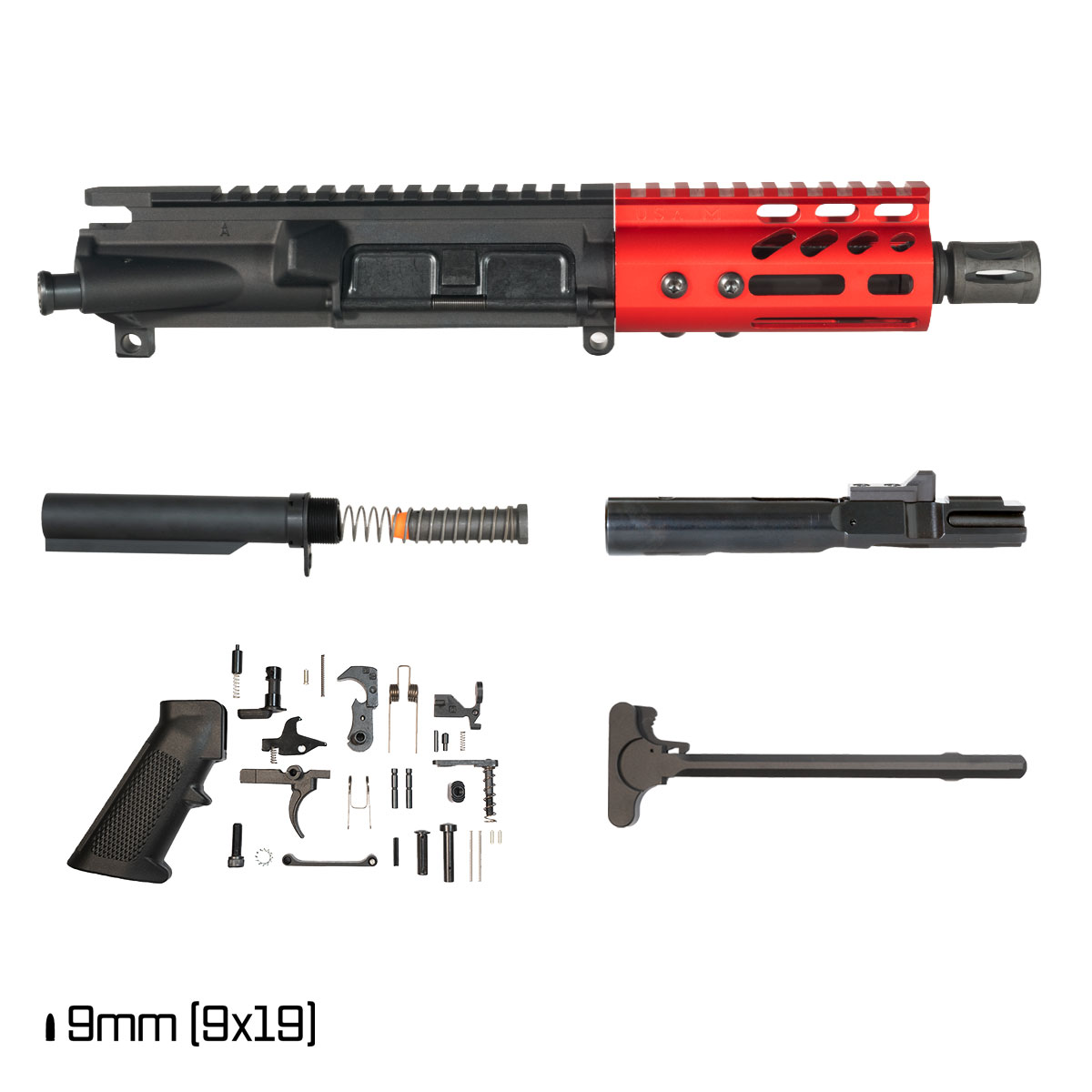 Davidson Defense Lightshow Anodized Red 5-inch 1:10 9MM AR-9 Freefloat M-Lok Handguard Pistol Full Build Kit, SBR Ready