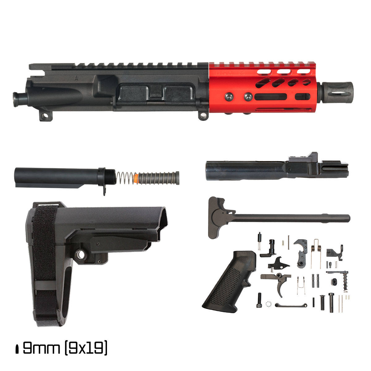Davidson Defense Lightshow Anodized Red w/SBA3 Brace 5-inch 1:10 9MM AR-9 Freefloat M-Lok Handguard Pistol Full Build Kit