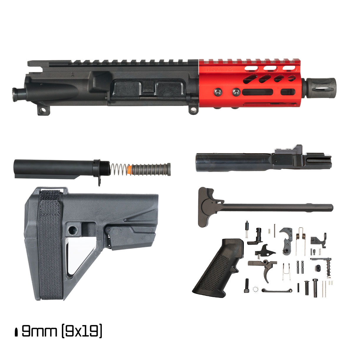 Davidson Defense Lightshow Anodized Red w/SBA5 Brace 5-inch 1:10 9MM AR-9 Freefloat M-Lok Handguard Pistol Full Build Kit