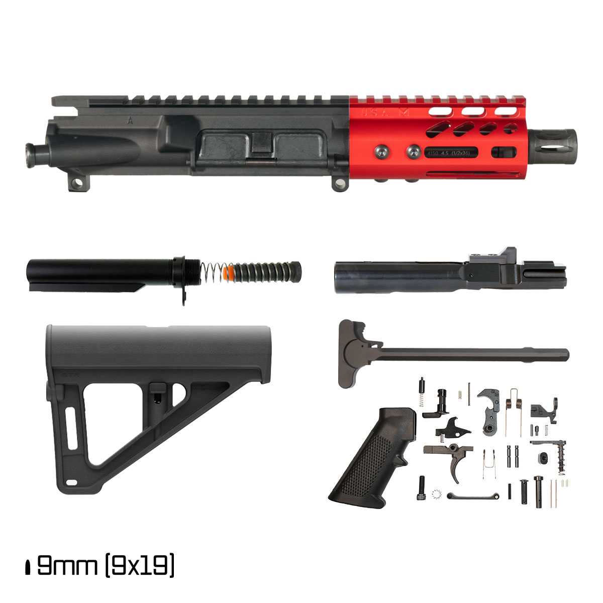 Davidson Defense Lightshow Anodized Red w/Magpul BTR Brace 4.5-inch 1:10 9MM AR-9 Freefloat M-Lok Handguard Pistol Full Build Kit