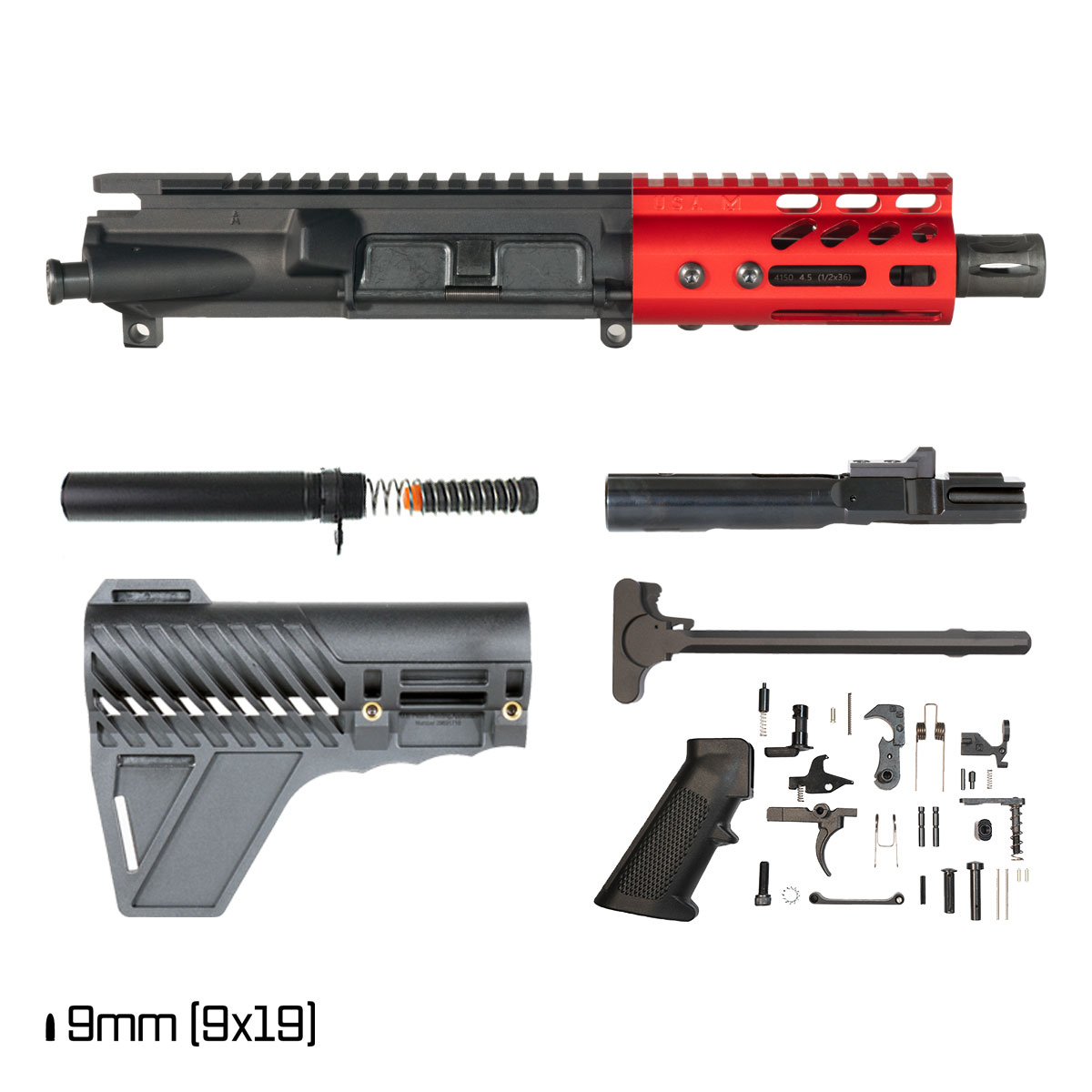 Davidson Defense Lightshow Anodized Red w/Gauntlet Arms Brace 4.5-inch 1:10 9MM AR-9 Freefloat M-Lok Handguard Pistol Full Build Kit