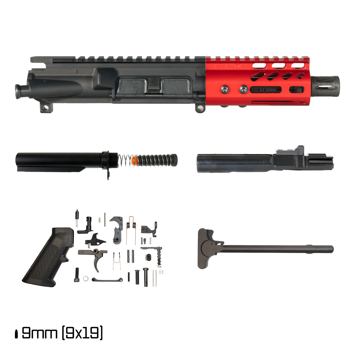 Davidson Defense Lightshow ll Anodized Red 4.5-inch 1:10 9MM AR-9 Freefloat M-Lok Handguard Pistol Full Build Kit, SBR Ready