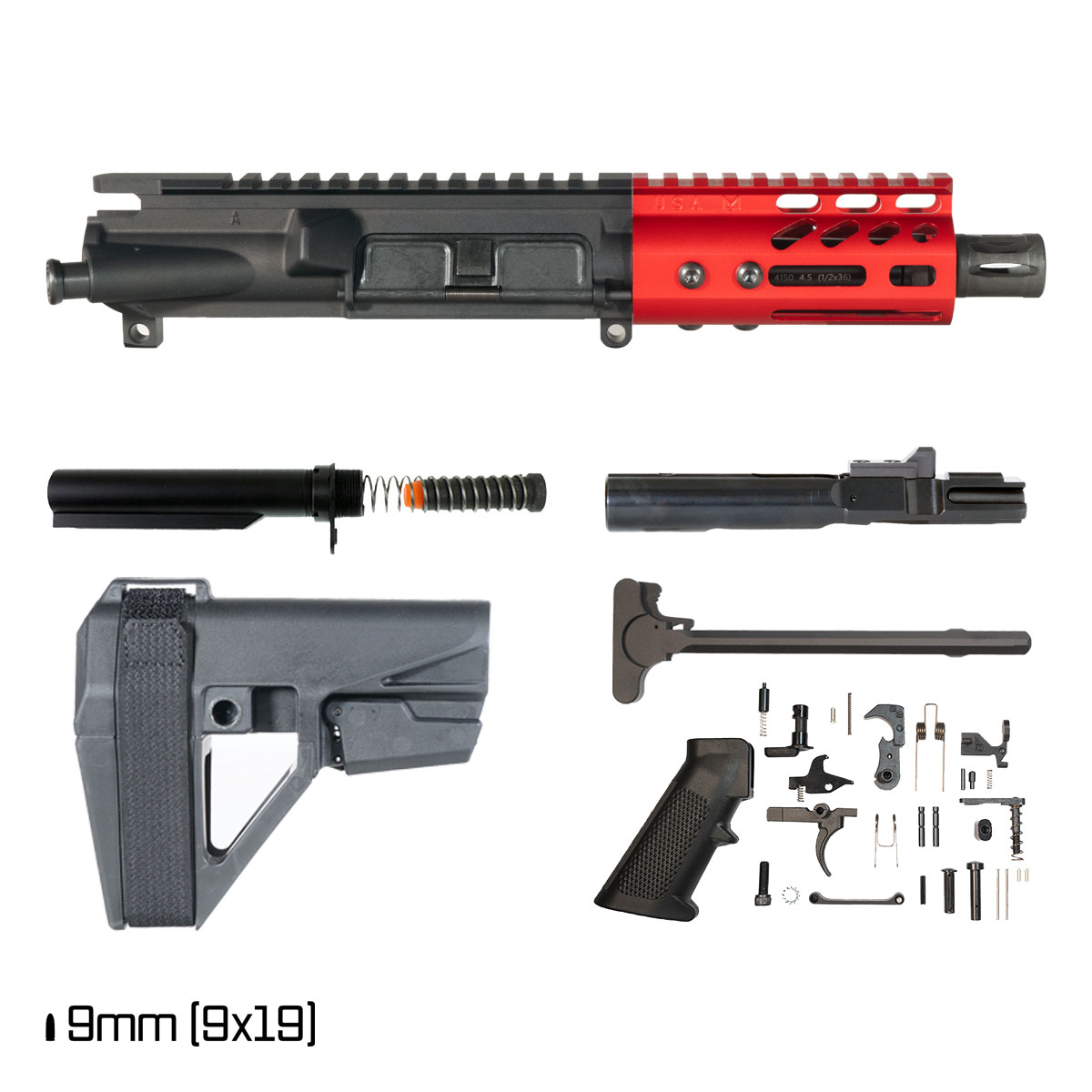Davidson Defense Lightshow ll Anodized Red w/SBA5 Brace 4.5-inch 1:10 9MM AR-9 Freefloat M-Lok Handguard Pistol Full Build Kit