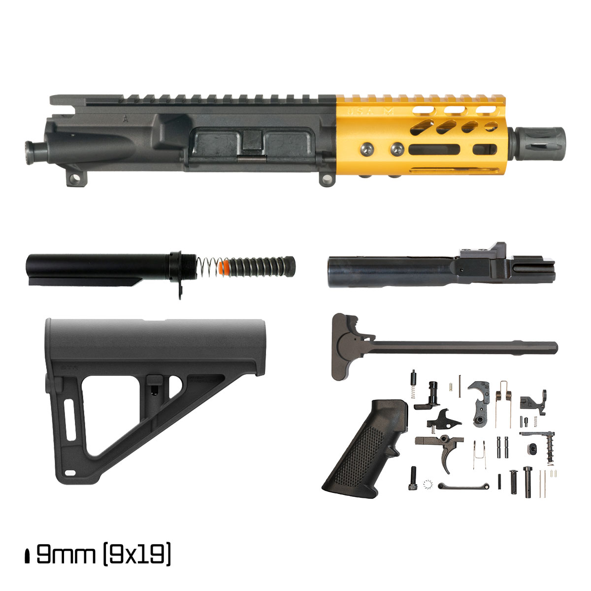 Davidson Defense Lightshow Anodized Gold w/Magpul BTR Brace 5-inch 1:10 9MM AR-9 Freefloat M-Lok Handguard Pistol Full Build Kit