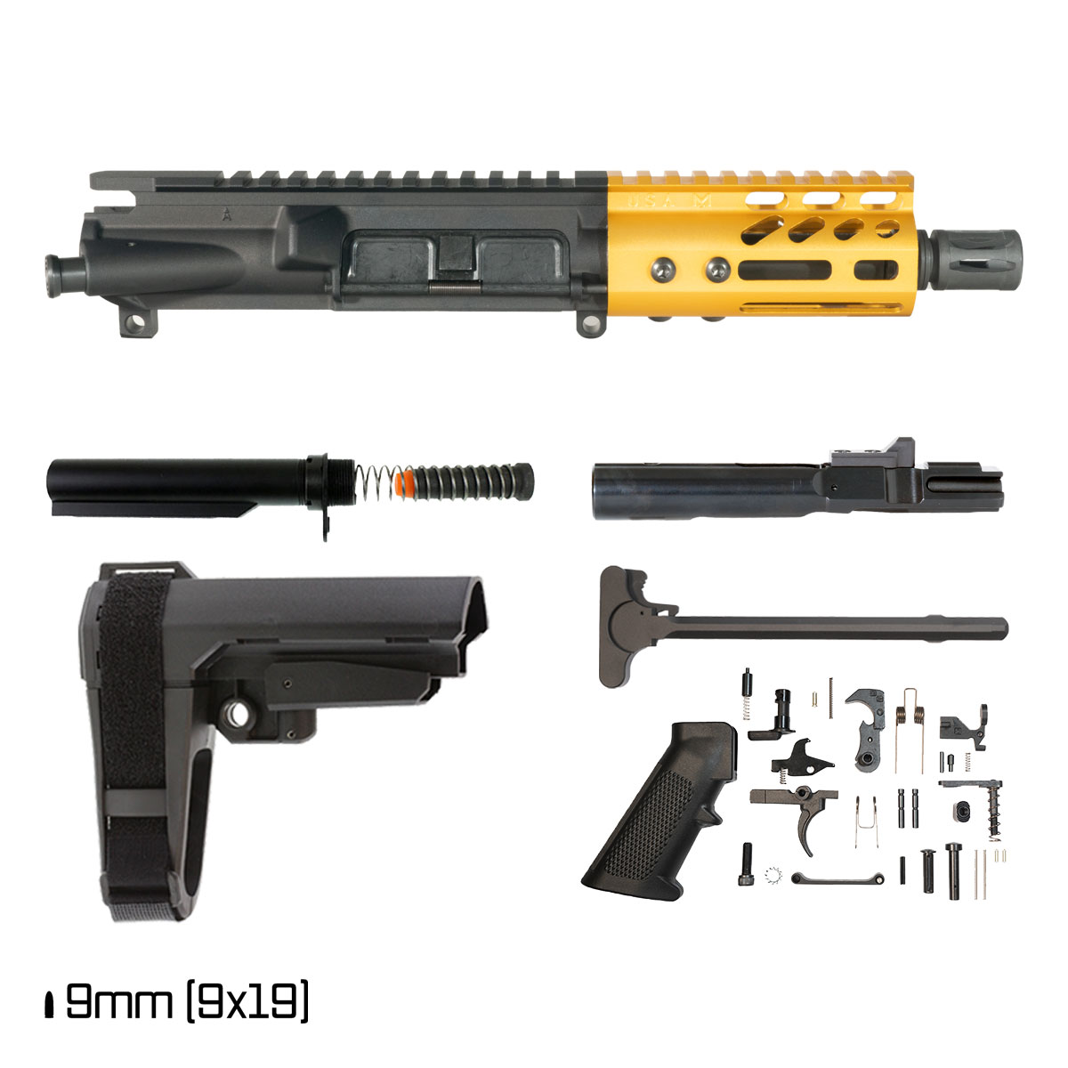 Davidson Defense Lightshow Anodized Gold w/SBA3 Brace 5-inch 1:10 9MM AR-9 Freefloat M-Lok Handguard Pistol Full Build Kit