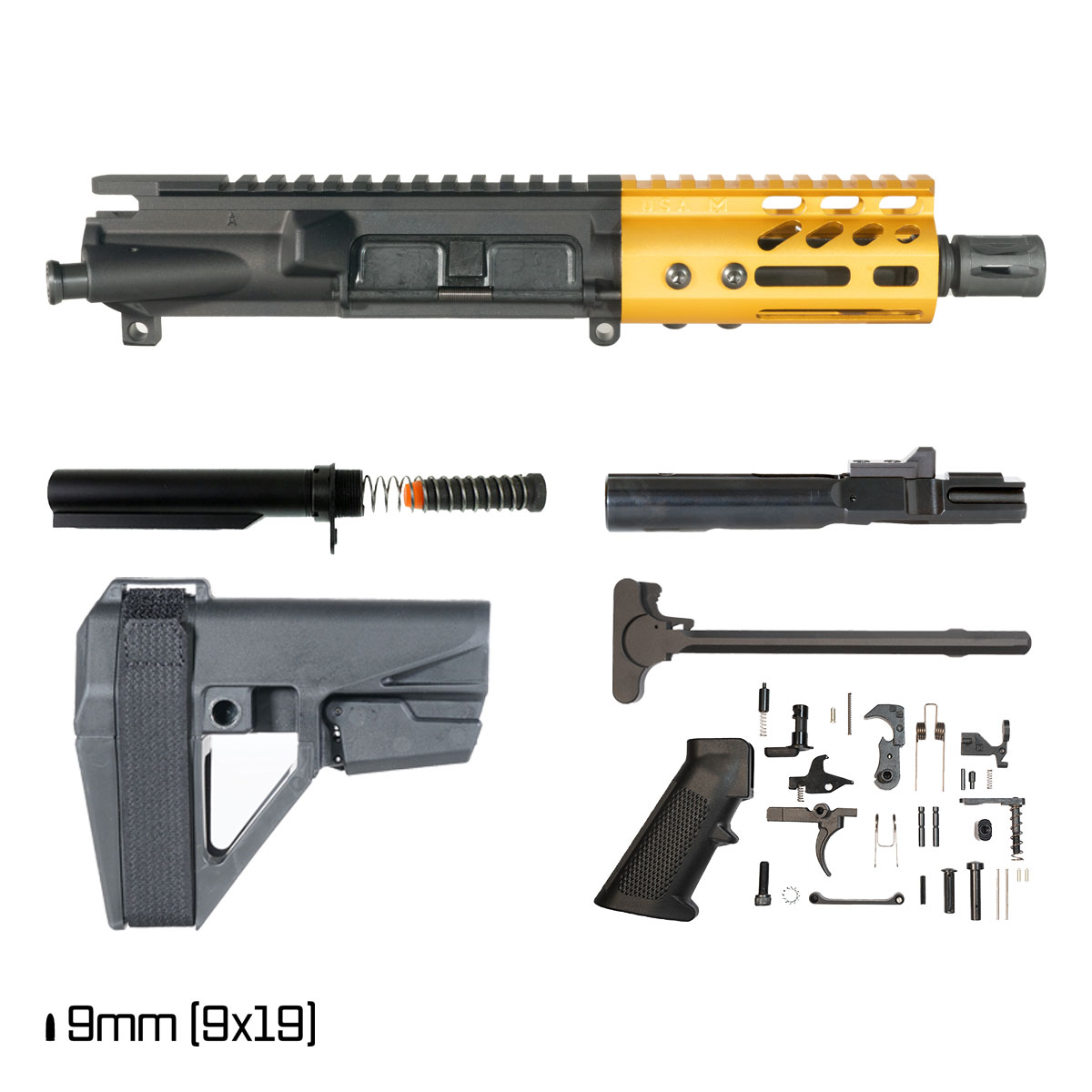 Davidson Defense Lightshow Anodized Gold w/SBA5 Brace 5-inch 1:10 9MM AR-9 Freefloat M-Lok Handguard Pistol Full Build Kit