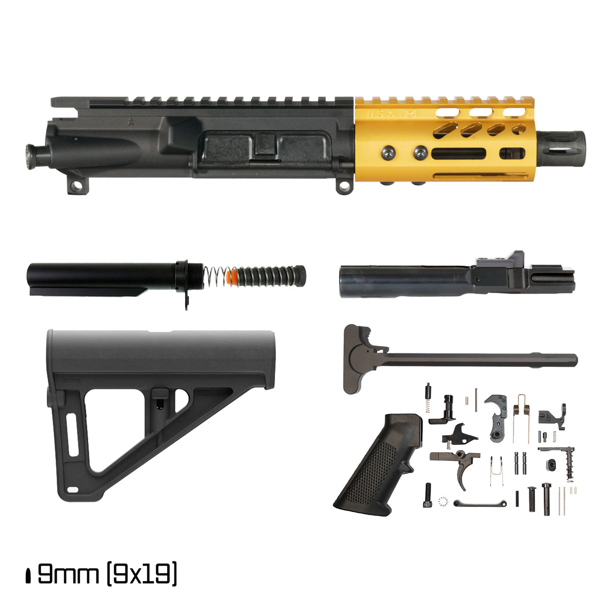 Davidson Defense Lightshow Anodized Gold w/Magpul BTR Brace 4.5-inch 1:10 9MM AR-9 Freefloat M-Lok Handguard Pistol Full Build Kit