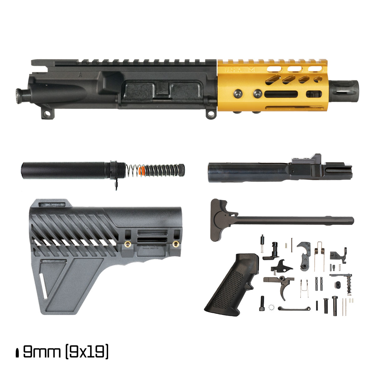 Davidson Defense Lightshow Anodized Gold w/Gauntlet Arms Brace 4.5-inch 1:10 9MM AR-9 Freefloat M-Lok Handguard Pistol Full Build Kit