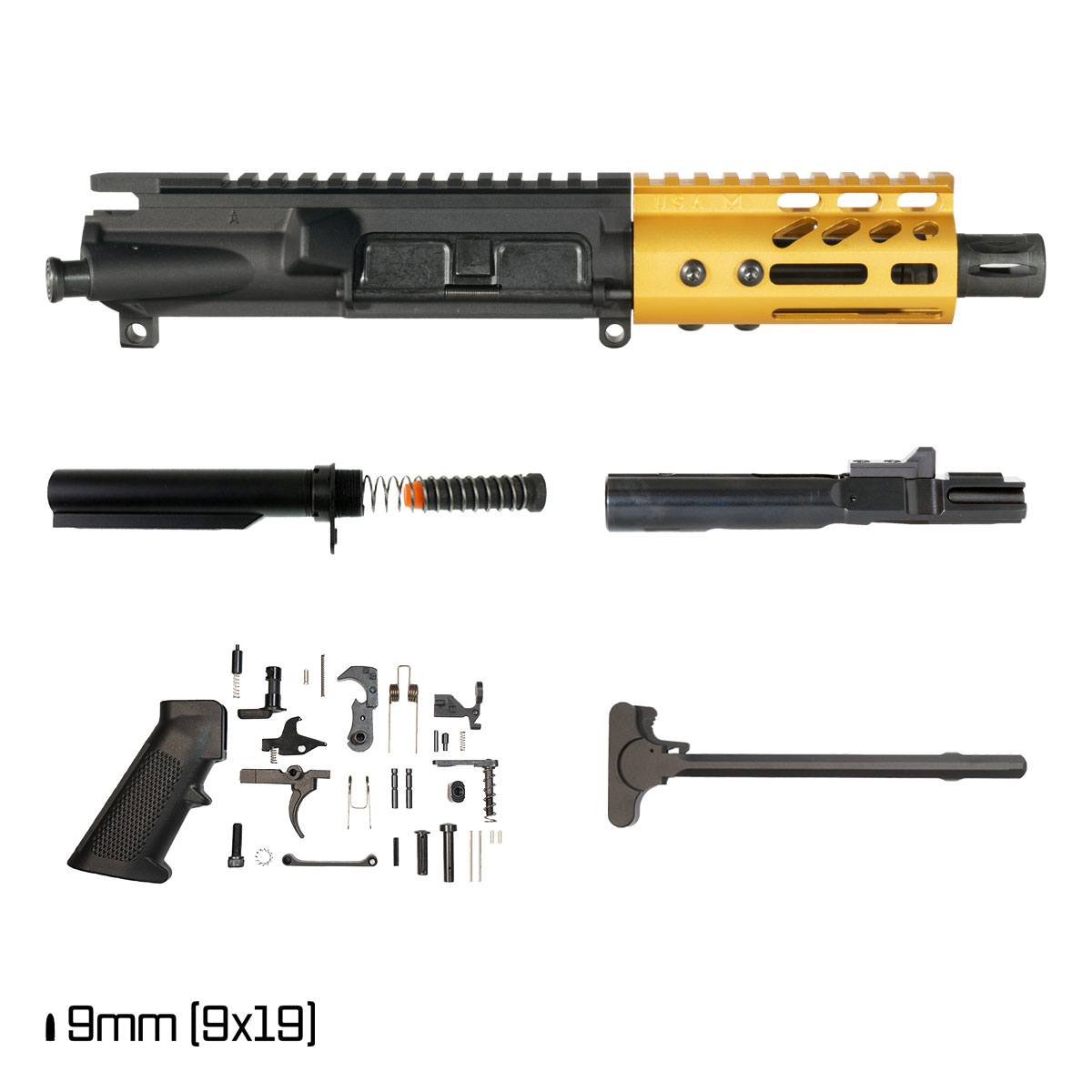 Davidson Defense Lightshow ll Anodized Gold 4.5-inch 1:10 9MM AR-9 Freefloat M-Lok Handguard Pistol Full Build Kit, SBR Ready