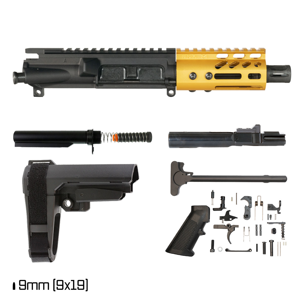 Davidson Defense Lightshow ll Anodized Gold w/SBA3 Brace 4.5-inch 1:10 9MM AR-9 Freefloat M-Lok Handguard Pistol Full Build Kit