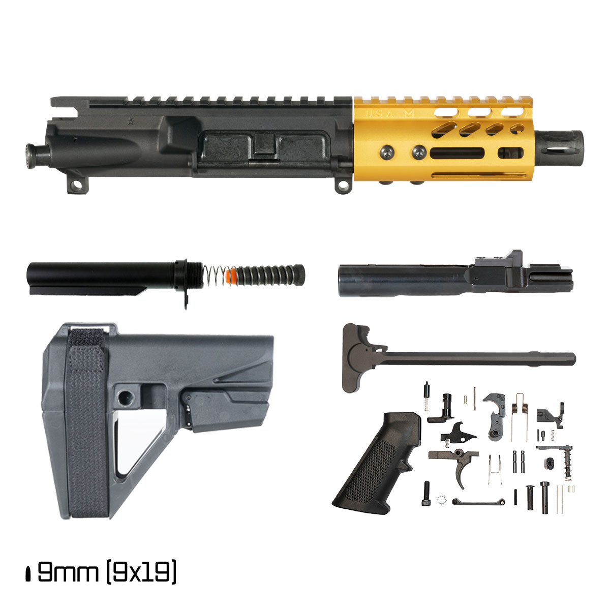 Davidson Defense Lightshow ll Anodized Gold w/SBA5 Brace 4.5-inch 1:10 9MM AR-9 Freefloat M-Lok Handguard Pistol Full Build Kit