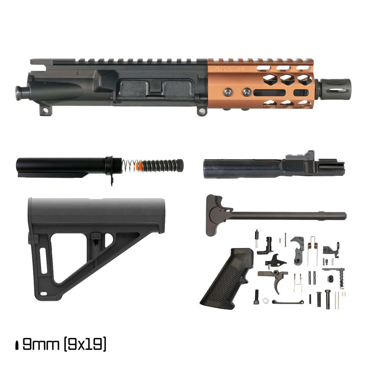 Davidson Defense Lightshow Anodized Bronze w/Magpul BTR Brace 5-inch 1:10 9MM AR-9 Freefloat M-Lok Handguard Pistol Full Build Kit