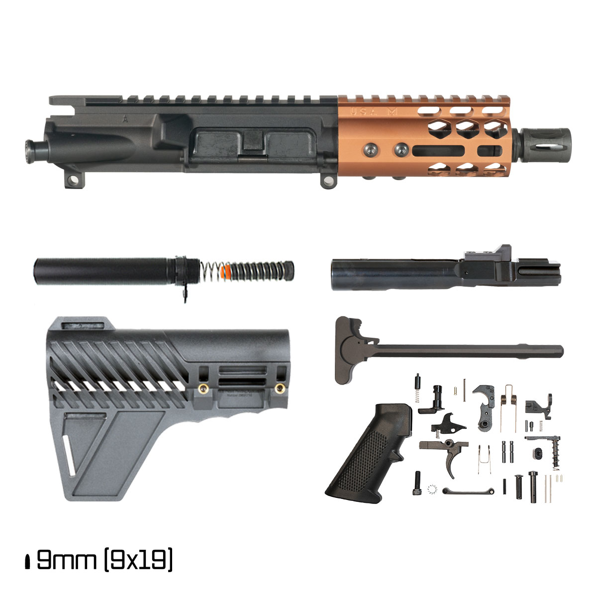 Davidson Defense Lightshow Anodized Bronze w/Gauntlet Arms Brace 5-inch 1:10 9MM AR-9 Freefloat M-Lok Handguard Pistol Full Build Kit