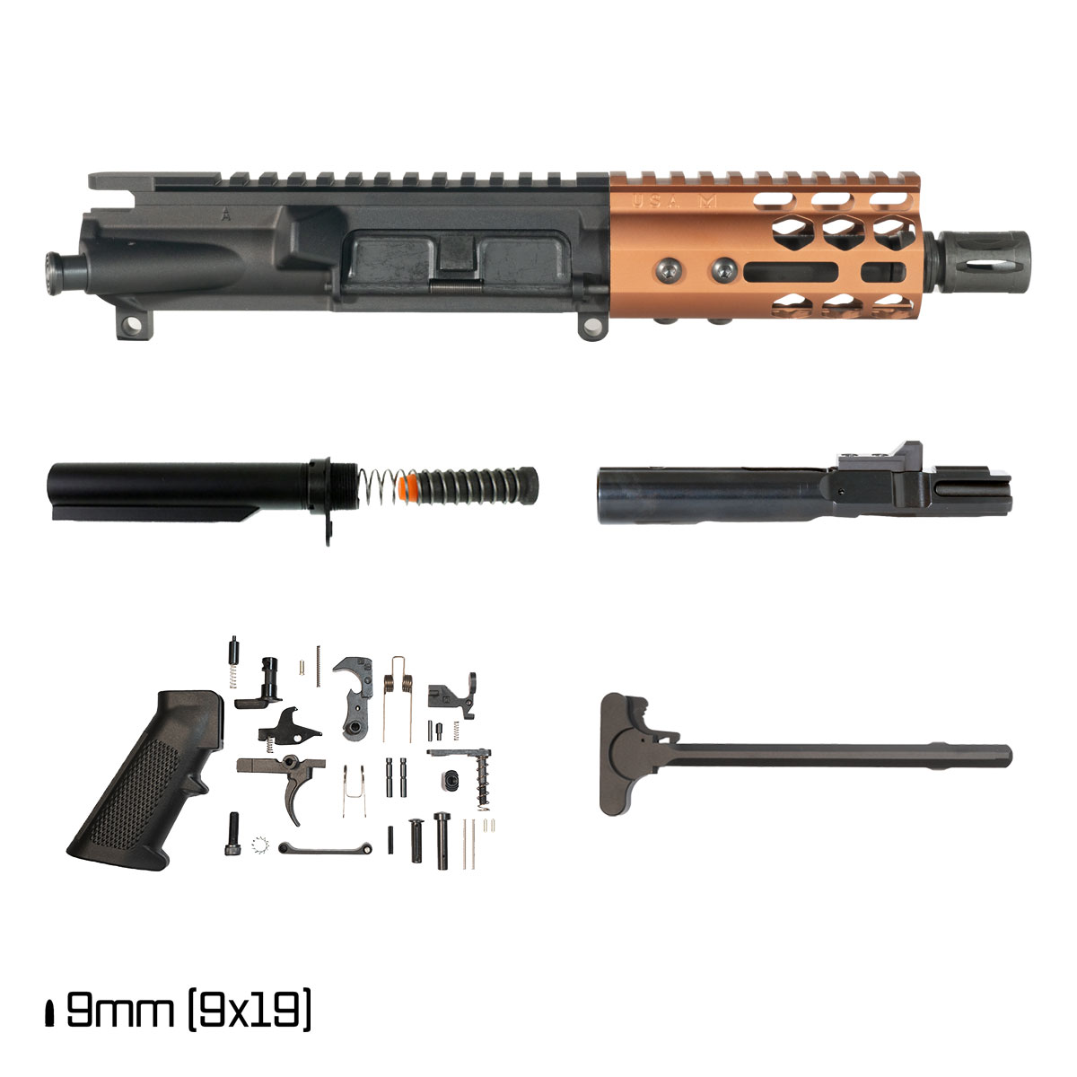 Davidson Defense Lightshow Anodized Bronze 5-inch 1:10 9MM AR-9 Freefloat M-Lok Handguard Pistol Full Build Kit, SBR Ready
