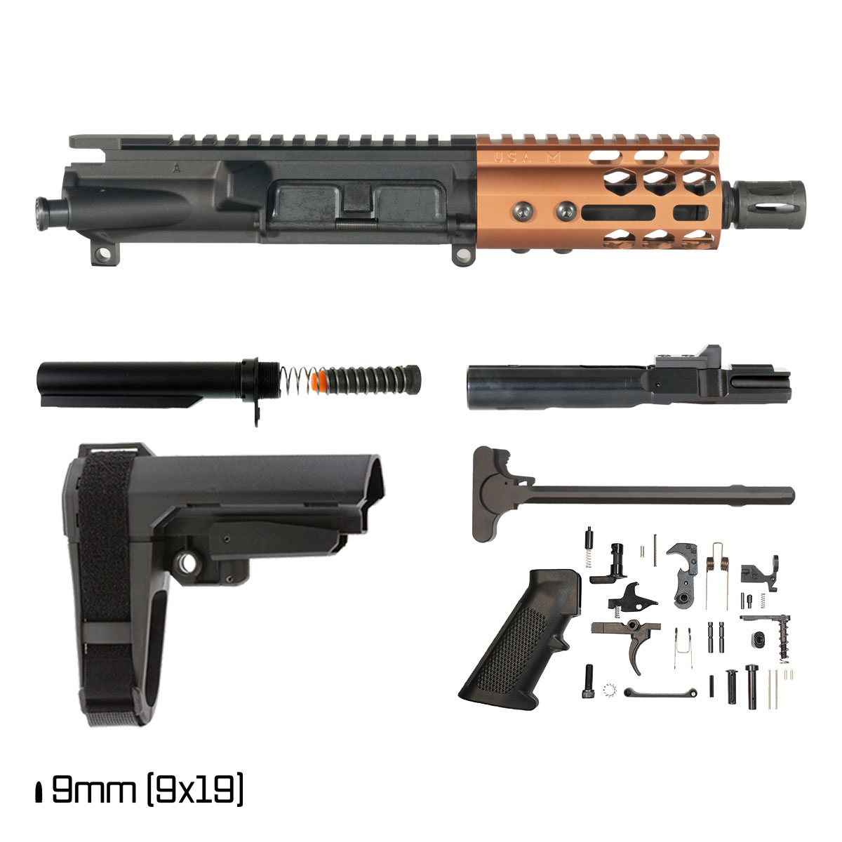 Davidson Defense Lightshow Anodized Bronze w/SBA3 Brace 5-inch 1:10 9MM AR-9 Freefloat M-Lok Handguard Pistol Full Build Kit