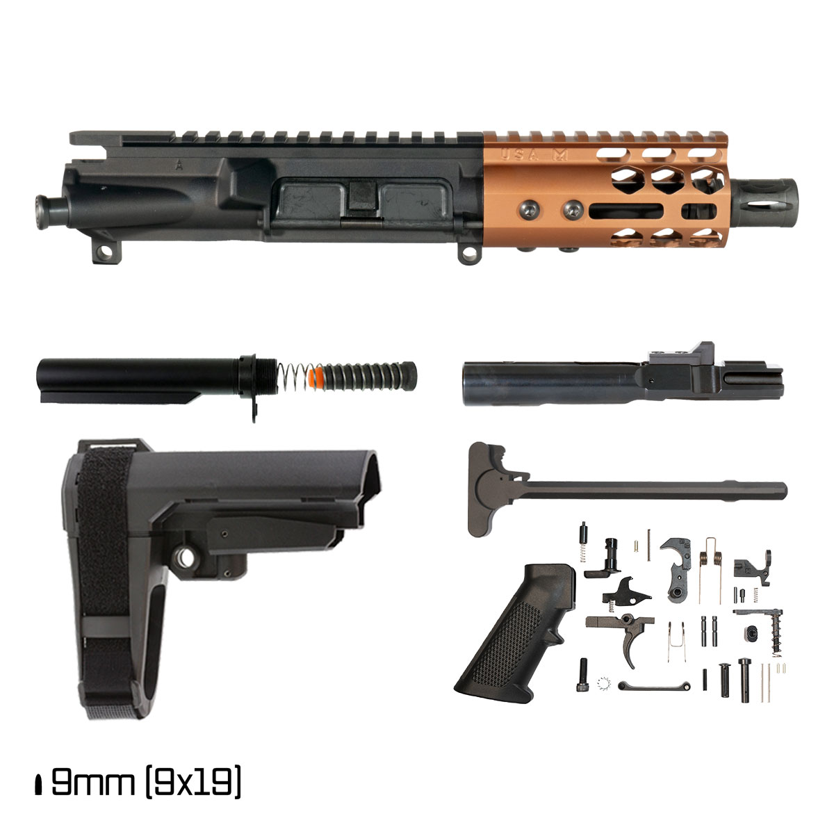 Davidson Defense Lightshow Anodized Bronze w/SBA3 Brace 4.5-inch 1:10 9MM AR-9 Freefloat M-Lok Handguard Pistol Full Build Kit