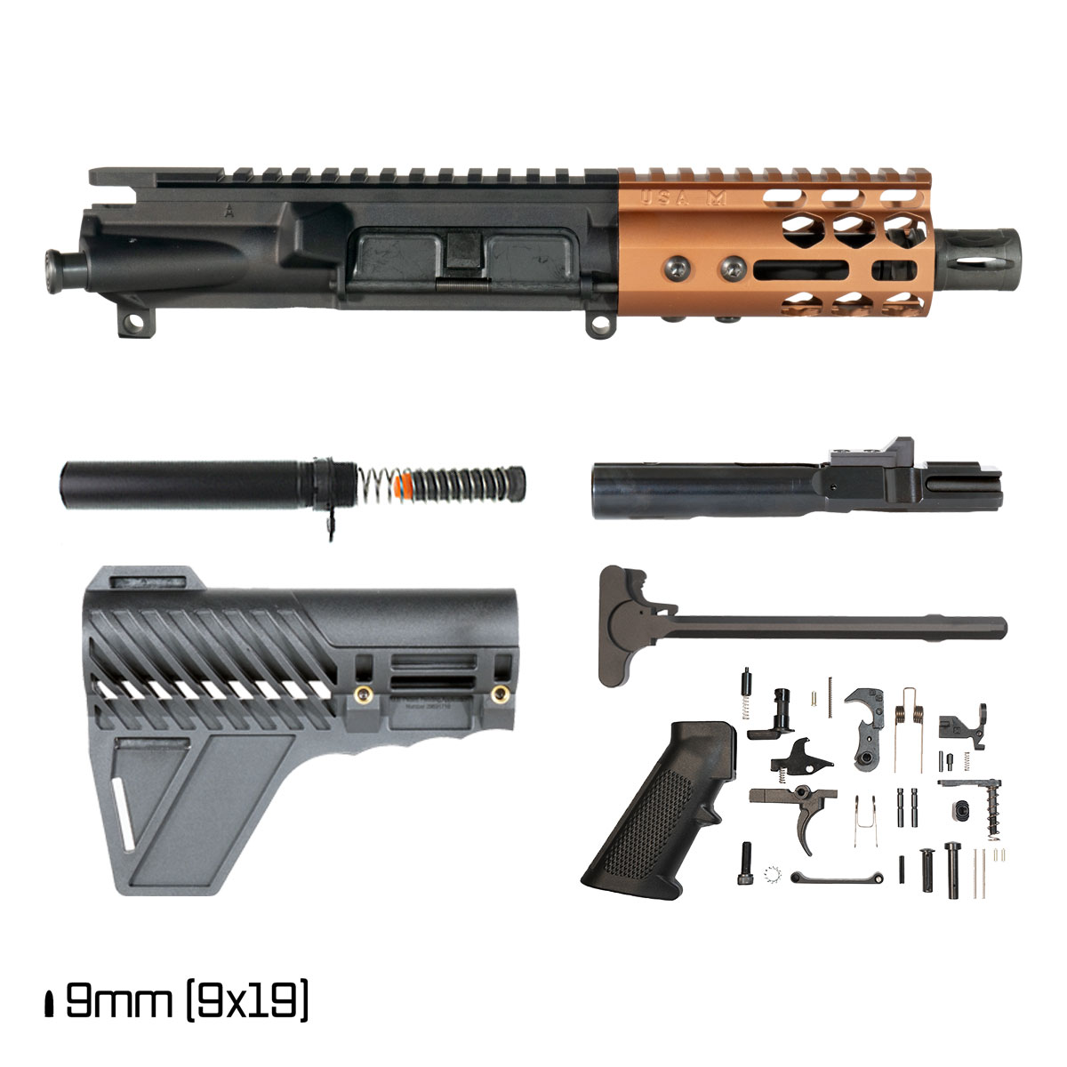 Davidson Defense Lightshow ll Anodized Bronze w/Gauntlet Arms Brace 4.5-inch 1:10 9MM AR-9 Freefloat M-Lok Handguard Pistol Full Build Kit