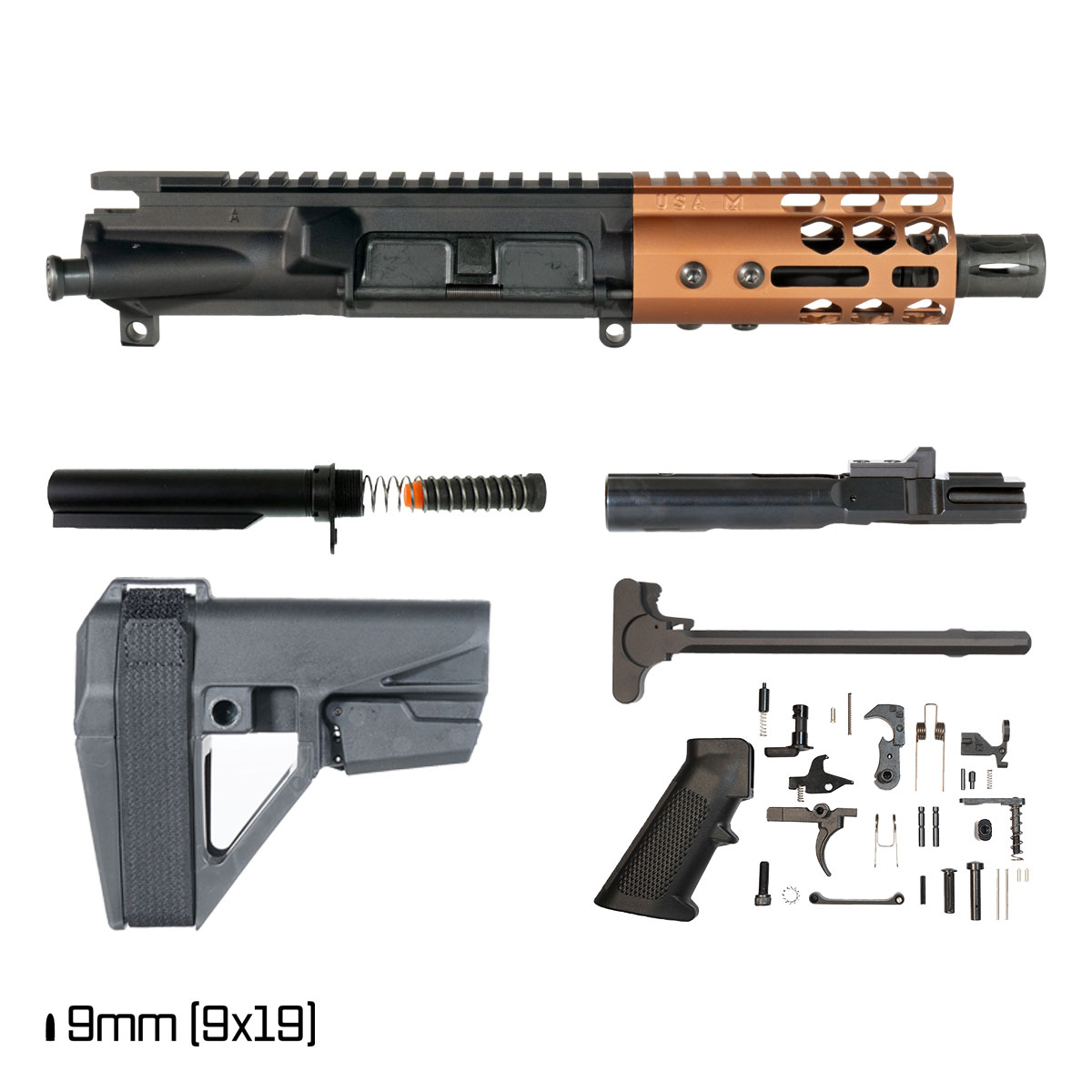 Davidson Defense Lightshow ll Anodized Bronze w/SBA5 Brace 4.5-inch 1:10 9MM AR-9 Freefloat M-Lok Handguard Pistol Full Build Kit