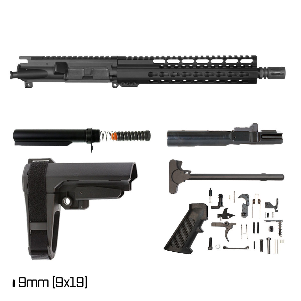Davidson Defense Mutton Chops w/SBA3 Brace 10.5-inch 1:10 9MM AR-9 Freefloat Keymod Handguard Pistol Full Build Kit