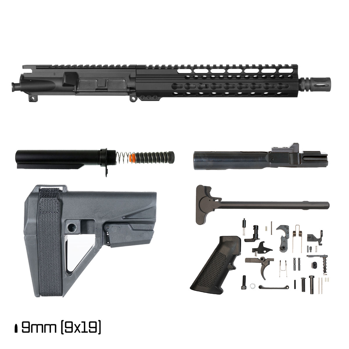 Davidson Defense Mutton Chops w/SBA5 Brace 10.5-inch 1:10 9MM AR-9 Freefloat Keymod Handguard Pistol Full Build Kit
