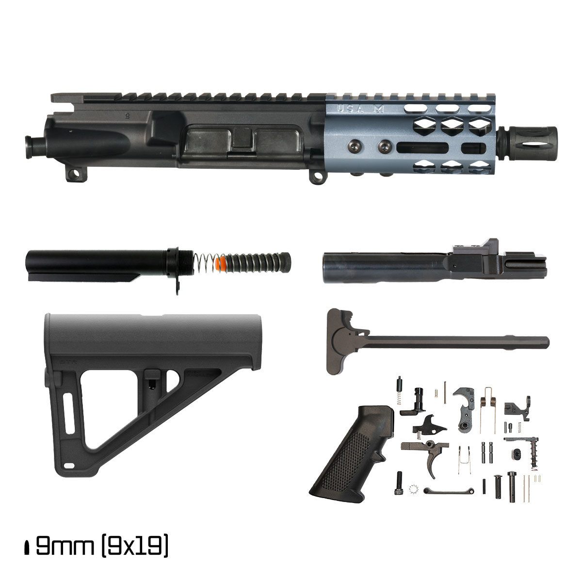 Davidson Davidson Lightshow Anodized Grey w/Magpul BTR Brace 5-inch 1:10 9MM AR-9 Freefloat M-Lok Handguard Pistol Full Build Kit
