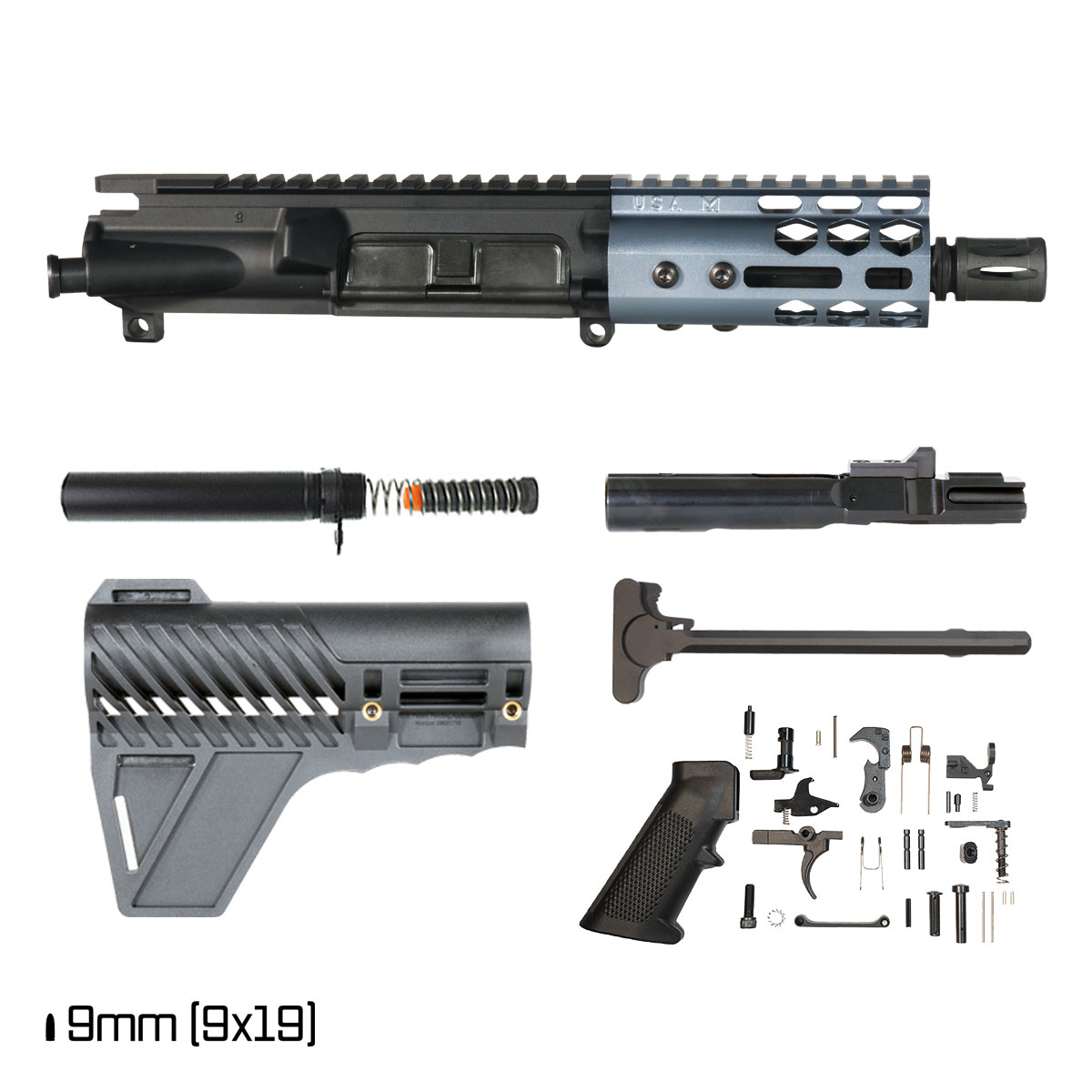 Davidson Defense Lightshow Anodized Grey w/Gauntlet Arms Brace 5-inch 1:10 9MM AR-9 Freefloat M-Lok Handguard Pistol Full Build Kit