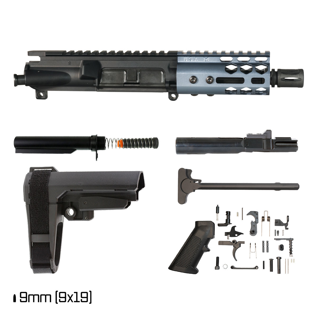 Davidson Defense Lightshow Anodized Grey w/SBA3 Brace 5-inch 1:10 9MM AR-9 Freefloat M-Lok Handguard Pistol Full Build Kit