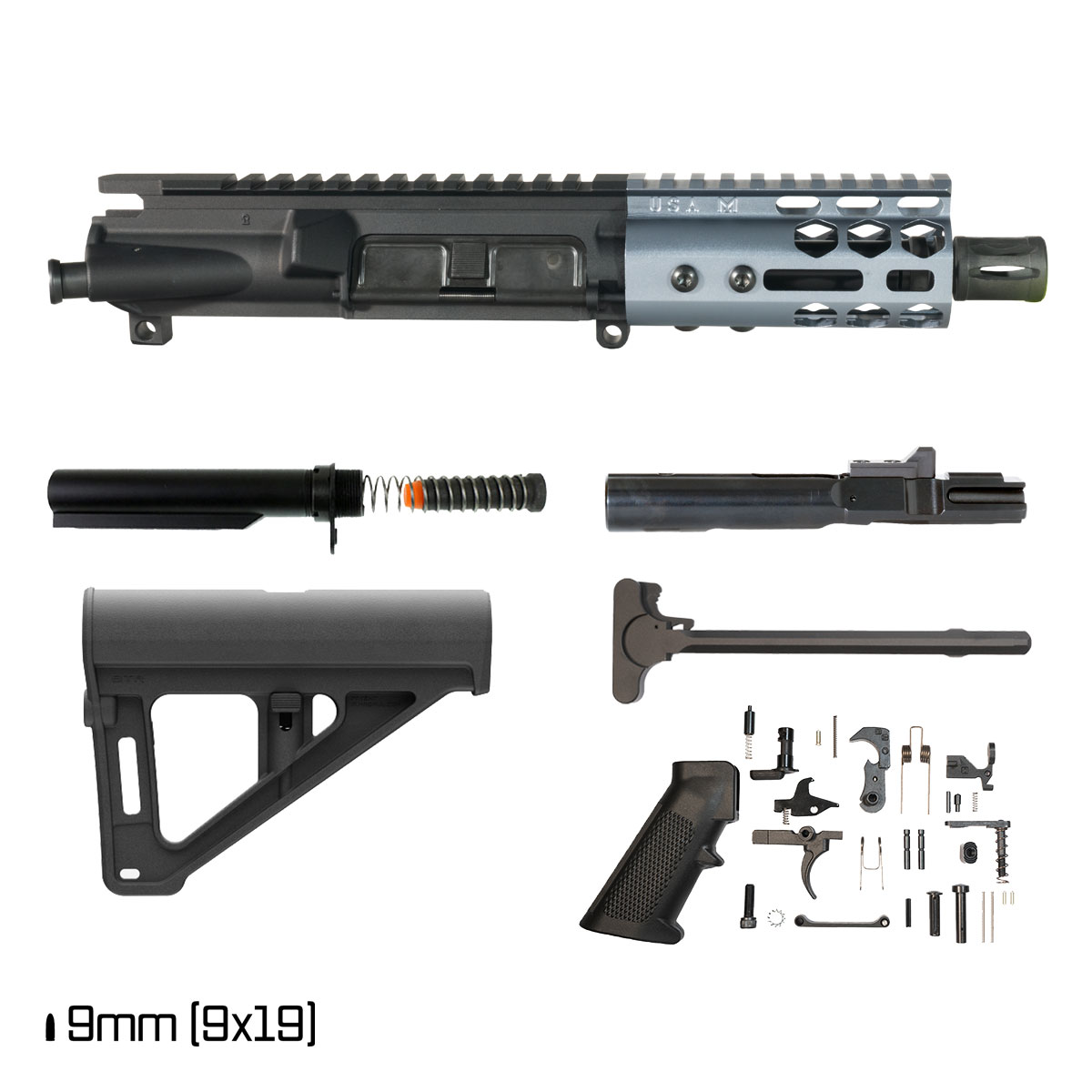 Davidson Defense Lightshow Anodized Grey w/Magpul BTR Brace 4.5-inch 1:10 9MM AR-9 Freefloat M-Lok Handguard Pistol Full Build Kit