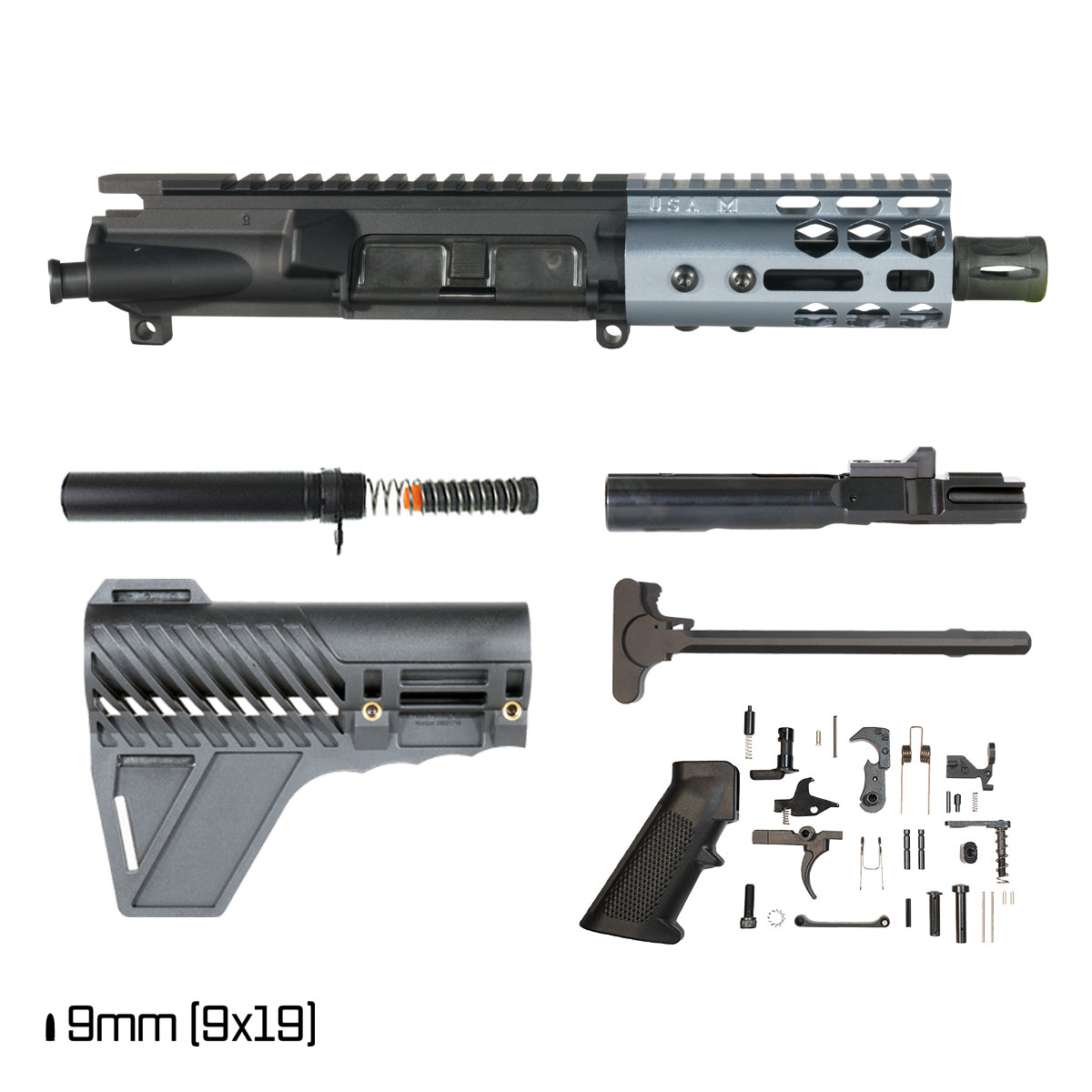 Davidson Defense Lightshow ll Anodized Grey w/Gauntlet Arms Brace 4.5-inch 1:10 9MM AR-9 Freefloat M-Lok Handguard Pistol Full Build Kit