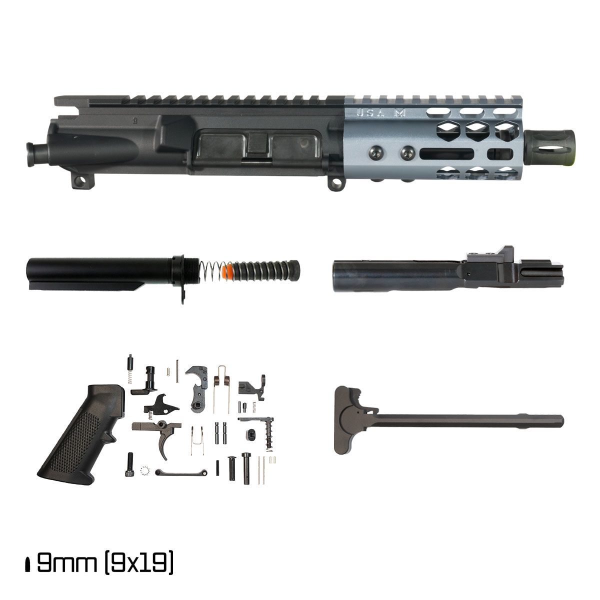 Davidson Defense Lightshow ll Anodized Grey 4.5-inch 1:10 9MM AR-9 Freefloat M-Lok Handguard Pistol Full Build Kit, SBR Ready