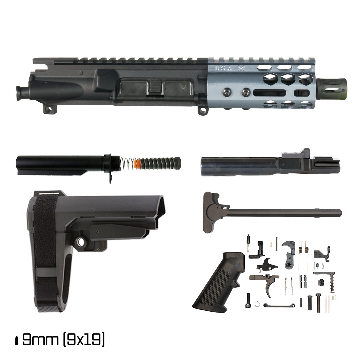 Davidson Defense Lightshow ll Anodized Grey w/SBA3 Brace 4.5-inch 1:10 9MM AR-9 Freefloat M-Lok Handguard Pistol Full Build Kit