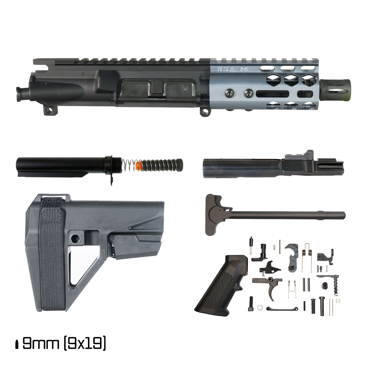 Davidson Defense Lightshow ll Anodized Grey w/SBA5 Brace 4.5-inch 1:10 9MM AR-9 Freefloat M-Lok Handguard Pistol Full Build Kit