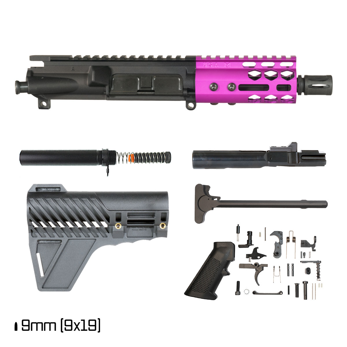 Davidson Defense Lightshow Anodized Purple w/Gauntlet Arms Brace 5-inch 1:10 9MM AR-9 Freefloat M-Lok Handguard Pistol Full Build Kit