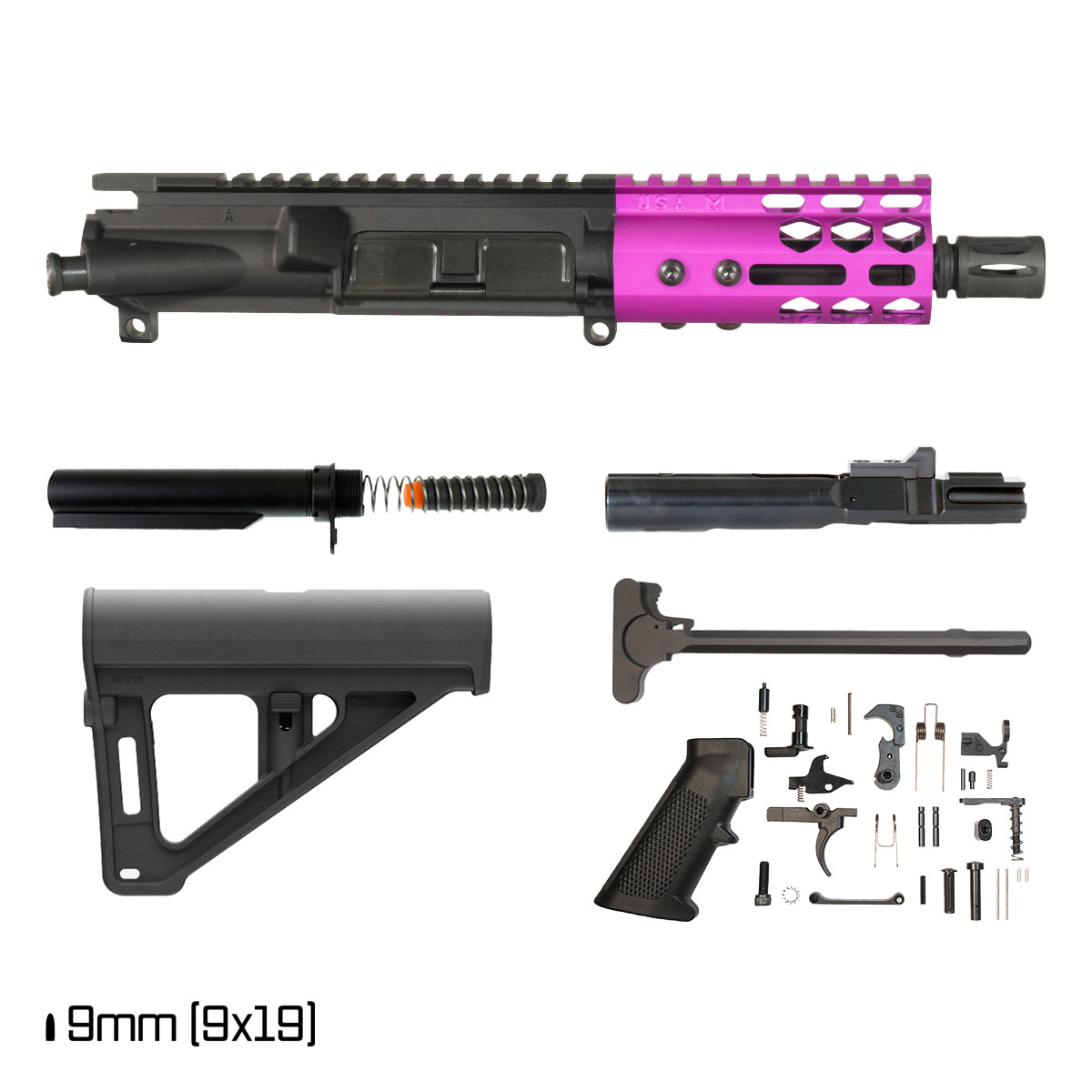 Davidson Defense Lightshow Anodized Purple w/Magpul BTR Brace 4.5-inch 1:10 9MM AR-9 Freefloat M-Lok Handguard Pistol Full Build Kit