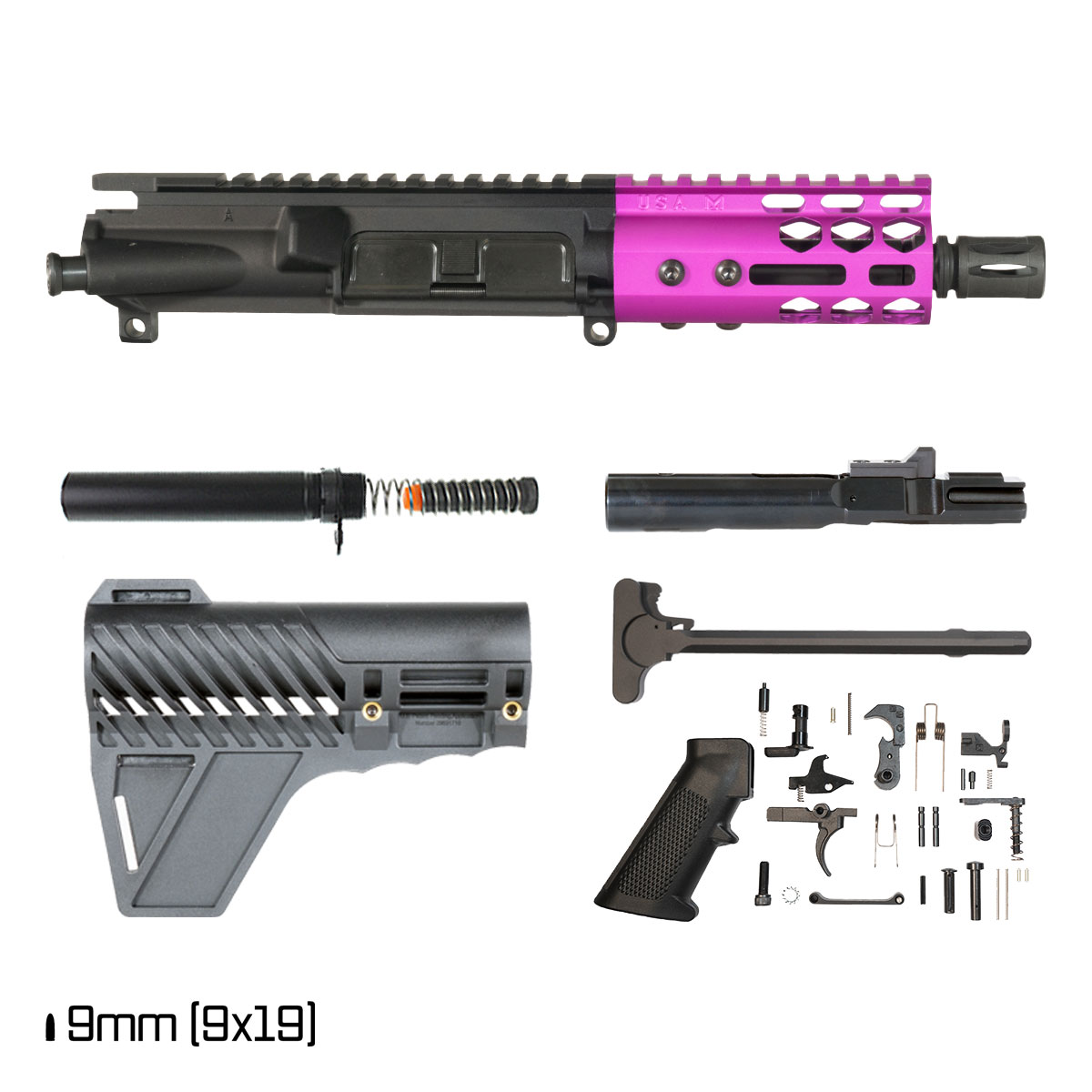 Davidson Defense Lightshow Anodized Purple w/Gauntlet Arms Brace 4.5-inch 1:10 9MM AR-9 Freefloat M-Lok Handguard Pistol Full Build Kit