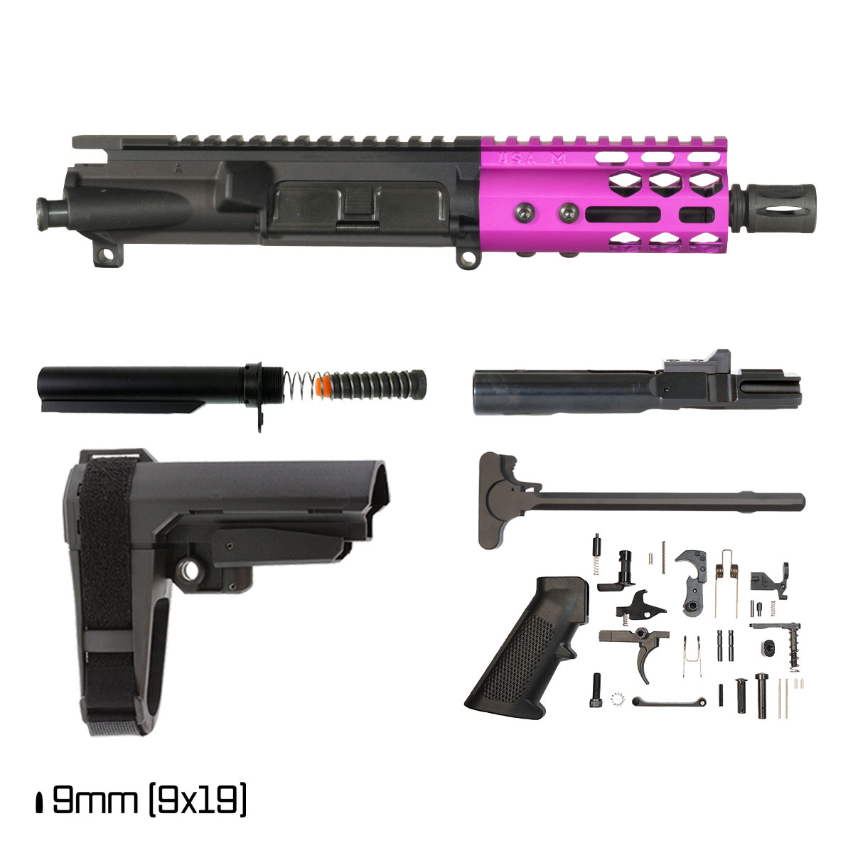 Davidson Defense Lightshow Anodized Purple w/SBA3 Brace 4.5-inch 1:10 9MM AR-9 Freefloat M-Lok Handguard Pistol Full Build Kit