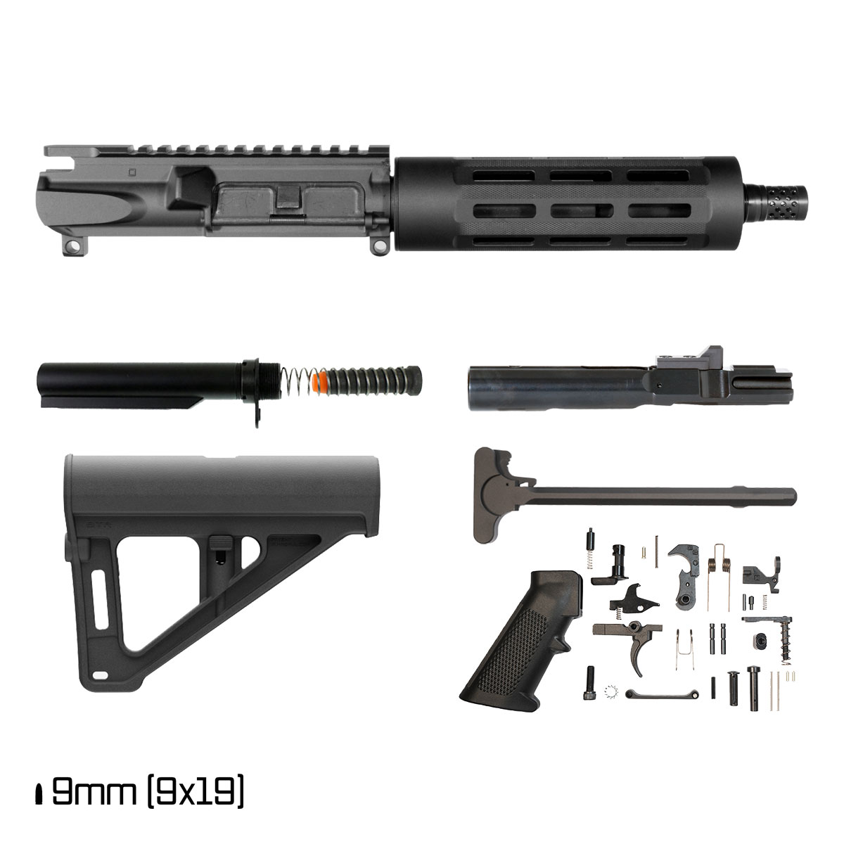 Davidson Defense Bladewake w/Magpul BTR Brace 7.5-inch 1:10 9MM AR-9 Freefloat Tubular M-Lok Handguard Pistol Full Build Kit, Plan B Radial Brake